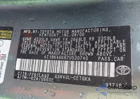 2007 Toyota Camry Xle V6 из США, поврежденный, VIN 4T1BK46K67U520740